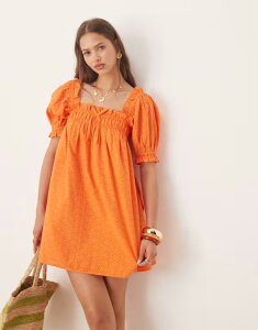 �~�X�Z���t�t���b�W ���f�B�[�X �g�b�v�X �����s�[�X Miss Selfridge eyelet smock dress in orange�I�����W