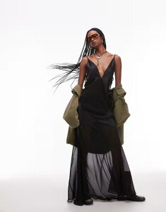�G�C�\�X ���f�B�[�X �g�b�v�X �����s�[�X �V�A�[ �T�e�� �}�L�V ASOS DESIGN satin sheer panel maxi slip dress Black �u���b�N