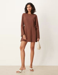 �G�C�\�X ���f�B�[�X �g�b�v�X �����s�[�X �~�j�����s�[�X �~�j ASOS DESIGN tie side cinched mini dress with long sleeves BROWN �u���E��