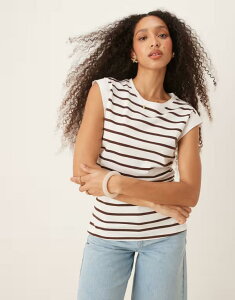 �G�C�\�X ���f�B�[�X �g�b�v�X �x�X�g ASOS DESIGN corset waist sharp shoulder tank top and cream stripe BROWN & CREAM STRIPE �N���[��