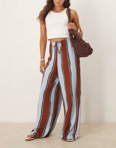 �G�C�\�X ���f�B�[�X �{�g���X �J�W���A���p���c �p���c ���l�� ASOS DESIGN linen look pull on pants wide stripe Blue Wide Stripe �u���[