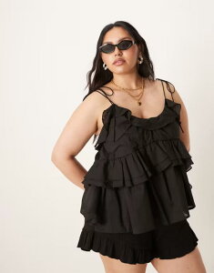 �G�C�\�X ���f�B�[�X �g�b�v�X �V���c �t���� ASOS Curve ASOS DESIGN Curve ruffle cami top with tie straps Black �u���b�N