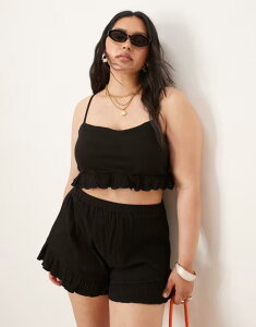 �G�C�\�X ���f�B�[�X �g�b�v�X �V���c ASOS Curve ASOS DESIGN Curve crinkle frill hem crop top - part of a set Black �u���b�N