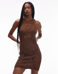 �g�b�v�V���b�v ���f�B�[�X �g�b�v�X �����s�[�X �~�j�����s�[�X �~�j �j�b�g Topshop knit premium crochet mini dress in chocolate Chocolate �`���R���[�g