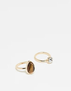 yz GC\X fB[X O ANZT[ ASOS DESIGN 2-pack rings with real tigers eye stone in gold tone Gold