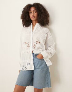 �}���S ���f�B�[�X �g�b�v�X �V���c �J�b�g�A�E�g �h�J Mango long sleeve embroidered cut out detailed shirt WHITE �z���C�g