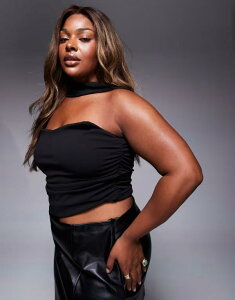 �G�C�\�X ���f�B�[�X �g�b�v�X �V���c ASOS Curve ASOS DESIGN Curve bandeau top with scarf neck detail Black �u���b�N