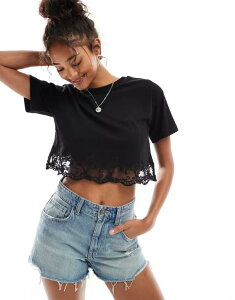 �~�X�Z���t�t���b�W ���f�B�[�X �g�b�v�X T�V���c ���[�X Miss Selfridge lace hem short sleeve T-shirt Black �u���b�N