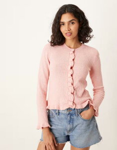 �G�C�\�X ���f�B�[�X �A�E�^�[ �J�[�f�B�K�� �j�b�g ASOS DESIGN textured knit cardigan with frill hems pink �s���N