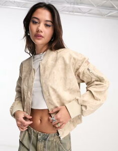 R[W fB[X AE^[ WPbgEu] vg WPbg COLLUSION distressed printed bomber jacket in neutral BEIGE x[W