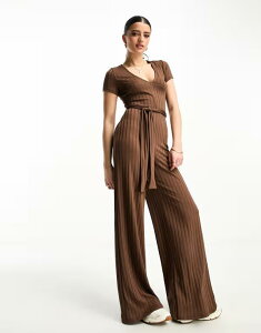 GC\X fB[X gbvX WvX[c ChbO W[W[ ASOS DESIGN jersey rib wide leg jumpsuit with short sleeves Brown uE