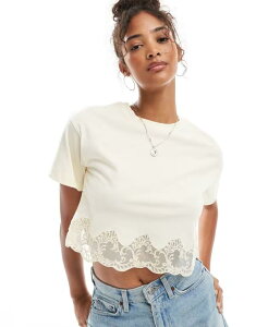 �~�X�Z���t�t���b�W ���f�B�[�X �g�b�v�X T�V���c ���[�X Miss Selfridge lace hem short sleeve t-shirt in buttermilk YELLOW �C�G���[