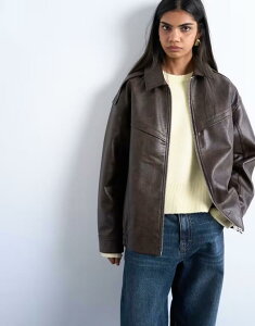 gbvVbv fB[X AE^[ WPbgEu] Be[W U[ tFCNU[ WPbg Topshop faux leather vintage wash seam detail zip up bomber jacket in washed washed brown uE