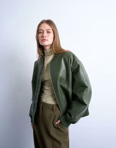 gbvVbv fB[X AE^[ WPbgEu] Be[W U[ tFCNU[ WPbg Topshop faux leather vintage wash oversized collarless bomber jacket green O[