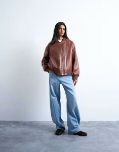 gbvVbv fB[X AE^[ WPbgEu] Be[W U[ tFCNU[ WPbg Topshop faux leather vintage wash oversized collarless bomber jacket in tan tan ^
