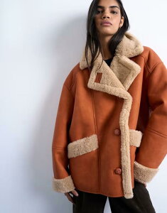 �g�b�v�V���b�v ���f�B�[�X �A�E�^�[ �R�[�g Topshop faux shearling oversized car coat in tan and cream Tan cream �N���[��
