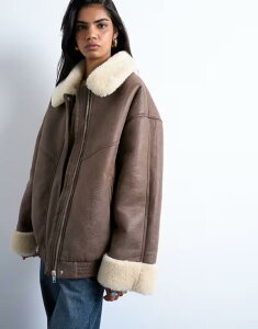 gbvVbv fB[X AE^[ WPbgEu] Be[W WPbg Topshop vintage washed faux shearling oversized bomber jacket brown uE