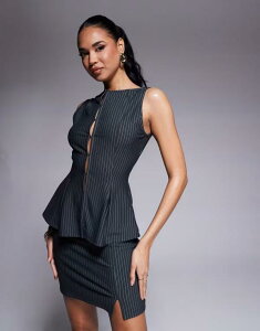 GC\X fB[X gbvX TVc xXg ASOS DESIGN hook and eye peplum vest top in charcoal pinstripe - part of a set Charcoal pinstripe `R[