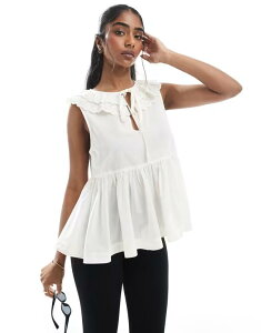 �G�C�\�X ���f�B�[�X �g�b�v�X �V���c �m�[�X���[�u ASOS DESIGN sleeveless smock top with eyelet collar and tie neck in stone Stone �X�g�[��