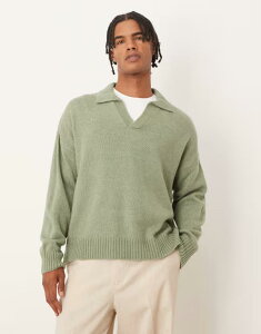 �G�C�\�X �����Y �g�b�v�X �|���V���c �j�b�g ASOS DESIGN super oversized boxy fit knit notch neck polo shirt in heathered sage Sage Green Heather �w�U�[