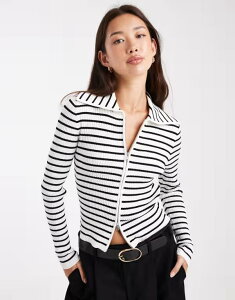 �~�X�Z���t�t���b�W ���f�B�[�X �A�E�^�[ �J�[�f�B�K�� ���u�j�b�g �j�b�g Miss Selfridge rib knit zip detail collared cardigan in stripes STRIPE �X�g���C�v