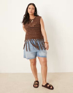 �G�C�\�X ���f�B�[�X �g�b�v�X �^���N�g�b�v �j�b�g �t�����W ASOS Curve ASOS DESIGN Curve knit stitch tank with fringe detail in chocolate Chocolate �`���R���[�g