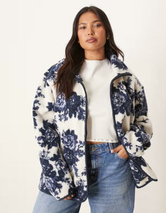 �G�C�\�X ���f�B�[�X �A�E�^�[ �p�[�J�[�E�X�E�F�b�g �t�����[�� �t���[�X �t�����[ ASOS Curve ASOS DESIGN Curve zip up borg fleece and cream floral design BLUE �u���[