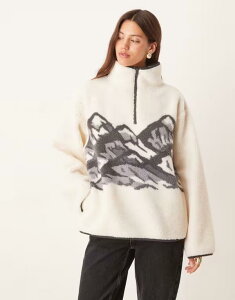 �G�C�\�X ���f�B�[�X �A�E�^�[ �p�[�J�[�E�X�E�F�b�g �v�����g ���[�X �t���[�X ASOS DESIGN borg zip up fleece with placement mountain print in cream and CREAM �N���[��