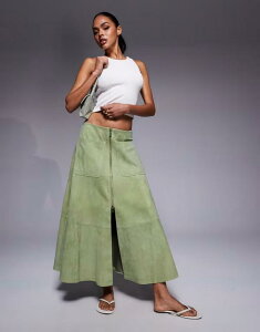 yz GC\X fB[X XJ[g {gX ASOS DESIGN real suede zip front midi skirt in green green