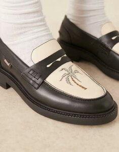 m[N Y V[Y Xb|E[t@[ Black Noak Made in Portugal penny loafers in black with print