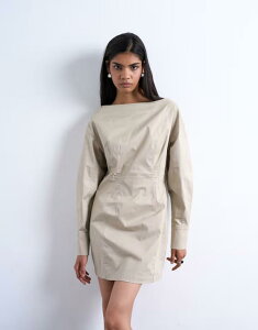 �g�b�v�V���b�v ���f�B�[�X �g�b�v�X �����s�[�X �~�j�����s�[�X �~�j Topshop waisted ovoid sleeve slash neck mini dress in taupe Taupe �g�[�v