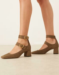 �G�C�\�X ���f�B�[�X �V���[�Y �q�[�� �X�G�[�h ASOS DESIGN Sasha double buckle strap mid block heel shoes in olive suedette Olive suedette �I���[�u