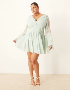 �G�C�\�X ���f�B�[�X �g�b�v�X �����s�[�X �~�j�����s�[�X �~�j ASOS Curve ASOS DESIGN Curve long sleeve volume mini dress with lattice waist detailing in pale Pale blue �u���[