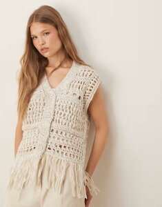 �G�C�\�X ���f�B�[�X �g�b�v�X �^���N�g�b�v �j�b�g �t�����W ASOS DESIGN knitted stitch mix crochet fringed multiply button front tank in stone Stone �X�g�[��
