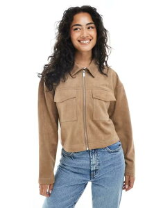 I[ fB[X AE^[ WPbgEu] XG[h RgXg Nbvh WPbg ONLY contrast stitch cropped faux suede jacket in taupe LIGHT BROWN uE