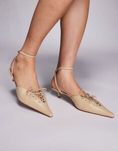 yz }S fB[X q[ V[Y Mango strappy pointed kitten heels with lace up front in beige BEIGE
