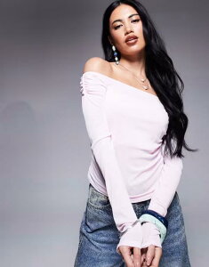 �G�C�\�X ���f�B�[�X �g�b�v�X �V���c �M���U�[ ASOS DESIGN off the shoulder ruched long sleeve top in pastel Pastel Pink �s���N
