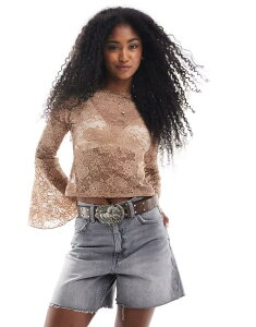 �~�X�Z���t�t���b�W ���f�B�[�X �g�b�v�X �V���c ���[�X Miss Selfridge extreme flare sleeves lace long sleeve top Sand �T���h
