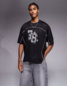 �G�C�\�X �����Y �g�b�v�X T�V���c �O���t�B�b�N ASOS DESIGN boxy oversized T-shirt with piping detail and number graphic airtex Black �u���b�N