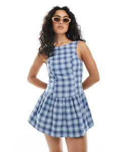 �R�b�g���I�� ���f�B�[�X �g�b�v�X �����s�[�X �~�j�����s�[�X �~�j Cotton On hallie dropped hem mini dress plaid BLUE �u���[