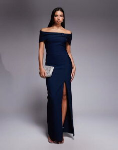 �x�X�p�[ ���f�B�[�X �g�b�v�X �����s�[�X �T�C�h�X���b�g �}�L�V�����s�[�X �}�L�V Vesper bengaline deep bardot cinch detail side slit maxi dress NAVY �l�C�r�[