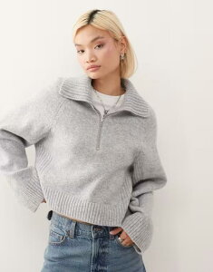 �����L ���f�B�[�X �A�E�^�[ �j�b�g�E�Z�[�^�[ �n�[�t�W�b�v �Z�[�^�[ Monki half zip sweater in heather Gray melange �O���[