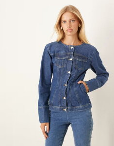 GC\X fB[X AE^[ WPbgEu] EGXg}[N fj WPbg ASOS DESIGN longline collarless denim jacket with cinched waist in mid MID BLUE u[