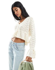 �~�X�Z���t�t���b�W ���f�B�[�X �A�E�^�[ �J�[�f�B�K�� �j�b�g Miss Selfridge knitted top with fluted sleeves CREAM �N���[��