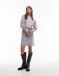 GC\X fB[X gbvX s[X o[X[u ~js[X ~j ASOS DESIGN balloon sleeve sweat mini dress with wrap hem heather Gray Heather O[