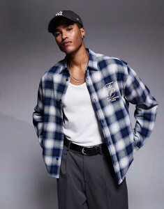 �G�C�\�X �����Y �g�b�v�X �V���c ASOS DESIGN boxy oversized plaid shirt with chest embroidery BLUE �u���[