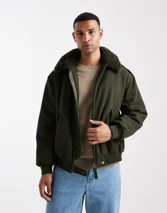 GC\X Y AE^[ WPbgEu] E[ WPbg ASOS DESIGN wool look bomber jacket with faux fur collar in dark Khaki J[L
