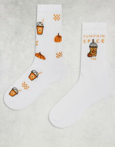 �G�C�\�X �����Y �A���_�[�E�F�A �C�� �O���t�B�b�N ASOS DESIGN 2 pack socks with pumpkin spice graphics WHITE �z���C�g