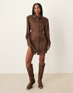 �G�C�\�X ���f�B�[�X �g�b�v�X �����s�[�X �~�j�����s�[�X �~�j �V���c ASOS DESIGN shoulder pad shirt mini dress with tie back in chocolate Chocolate �`���R���[�g