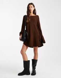 �~�X�Z���t�t���b�W ���f�B�[�X �g�b�v�X �����s�[�X �j�b�g Miss Selfridge tired long sleeve knit floaty smock dress in chocolate Chocolate �`���R���[�g